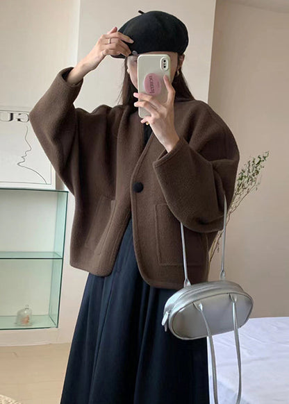 Coffee V Neck Pockets Woolen Short Coat Winter Rs026