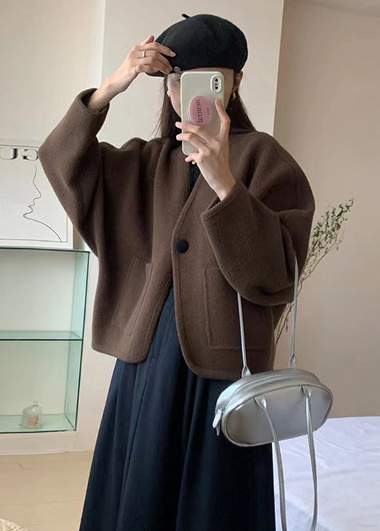 Coffee V Neck Pockets Woolen Short Coat Winter Rs026