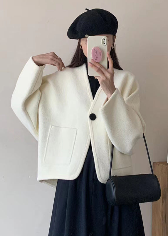 Coffee V Neck Pockets Woolen Short Coat Winter Rs026