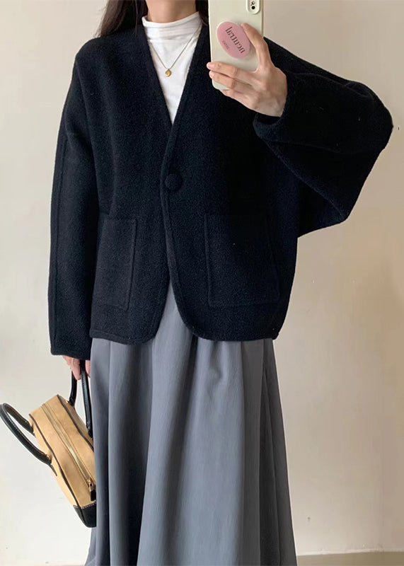 Coffee V Neck Pockets Woolen Short Coat Winter Rs026