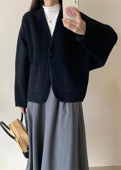 Coffee V Neck Pockets Woolen Short Coat Winter Rs026