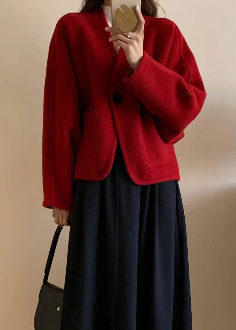 Coffee V Neck Pockets Woolen Short Coat Winter Rs026