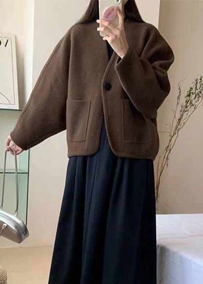 Coffee V Neck Pockets Woolen Short Coat Winter Rs026