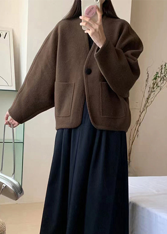 Coffee V Neck Pockets Woolen Short Coat Winter Rs026