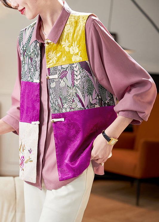 Colorblock Embroidered Button Silk Waistcoat Sleeveless Qa1091