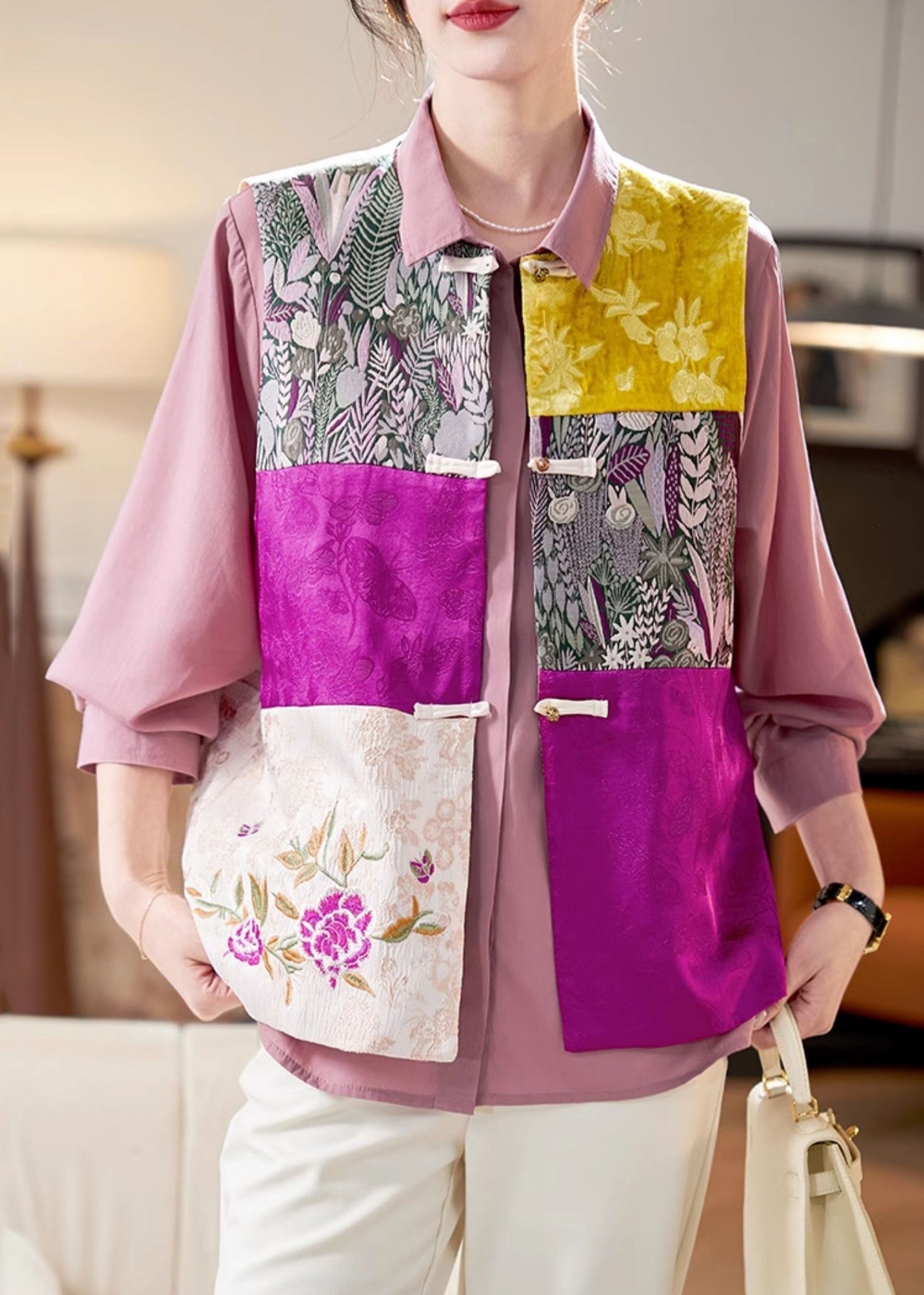 Colorblock Embroidered Button Silk Waistcoat Sleeveless Qa1091