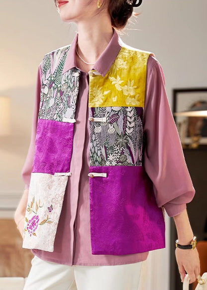Colorblock Embroidered Button Silk Waistcoat Sleeveless Qa1091