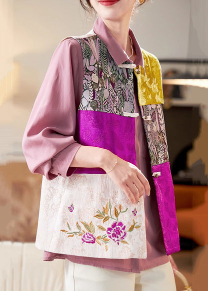 Colorblock Embroidered Button Silk Waistcoat Sleeveless Qa1091