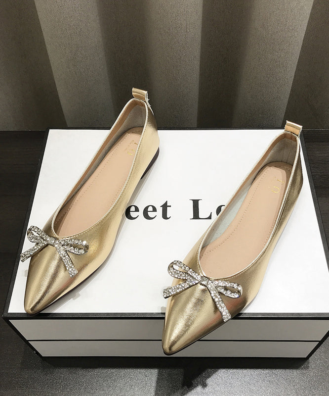 Pointed Splicing Shoes Comfy Flat Faux Leather Gold Bow Toe
