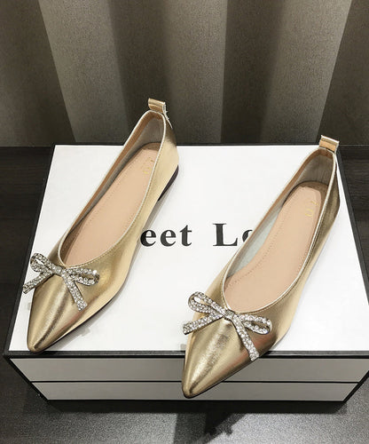 Pointed Splicing Shoes Comfy Flat Faux Leather Gold Bow Toe
