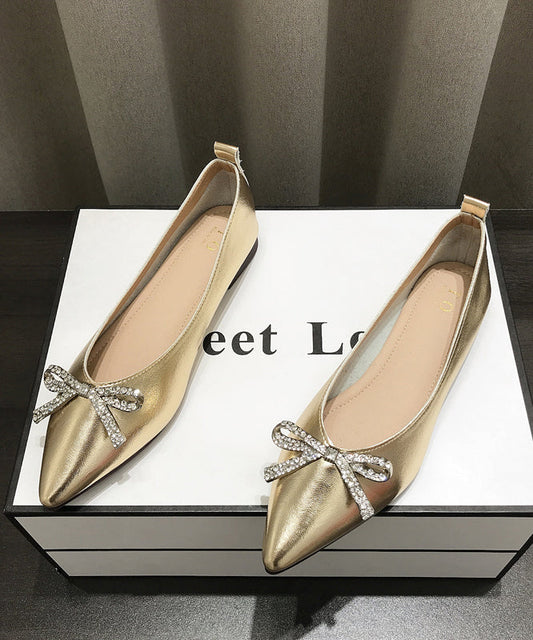 Pointed Splicing Shoes Comfy Flat Faux Leather Gold Bow Toe