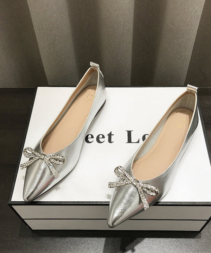 Pointed Splicing Shoes Comfy Flat Faux Leather Gold Bow Toe