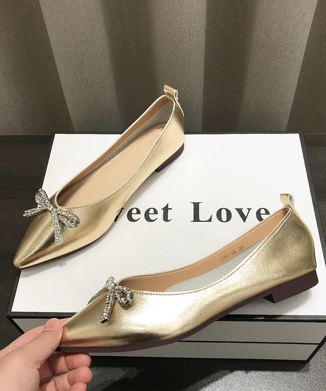 Pointed Splicing Shoes Comfy Flat Faux Leather Gold Bow Toe