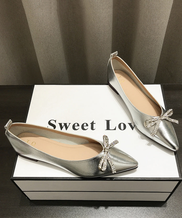 Pointed Splicing Shoes Comfy Flat Faux Leather Gold Bow Toe