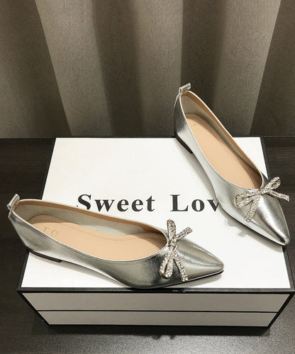 Pointed Splicing Shoes Comfy Flat Faux Leather Gold Bow Toe