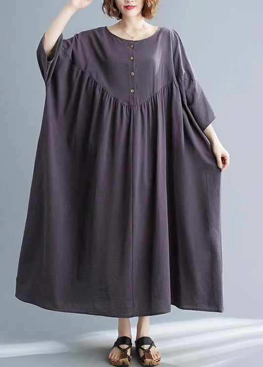Dark Grey Patchwork Button Long Dresses Short Sleeve Gh1018