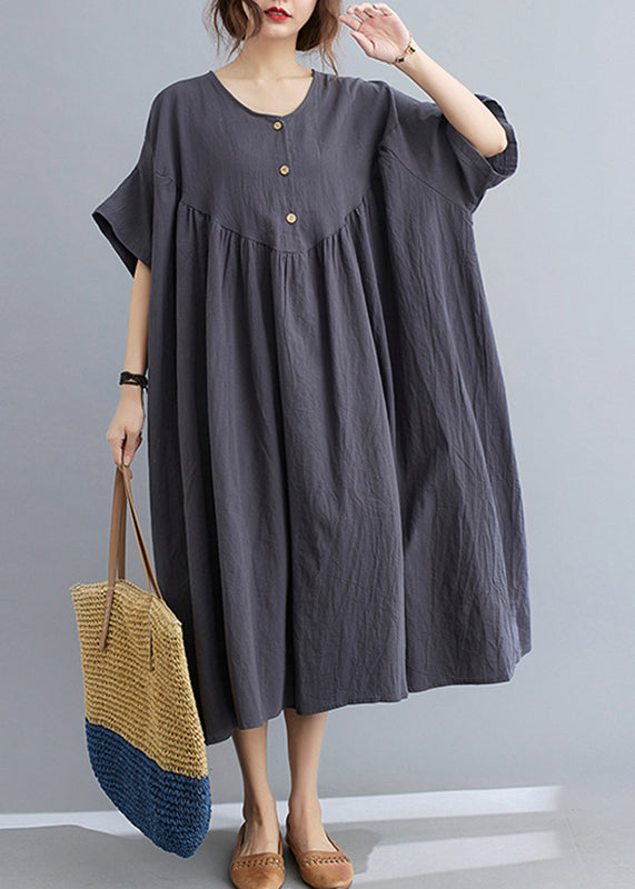 Dark Grey Patchwork Button Long Dresses Short Sleeve Gh1018