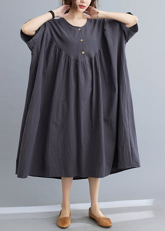 Dark Grey Patchwork Button Long Dresses Short Sleeve Gh1018