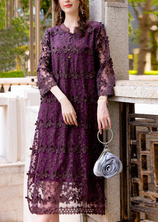Dark Purple Embroideried Hollow Out Organza Long Dress Spring Ly0998