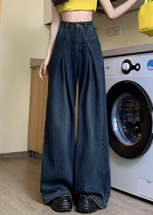 Denim Blue Button Pockets Denim Wide Leg Pants Summer Pp036