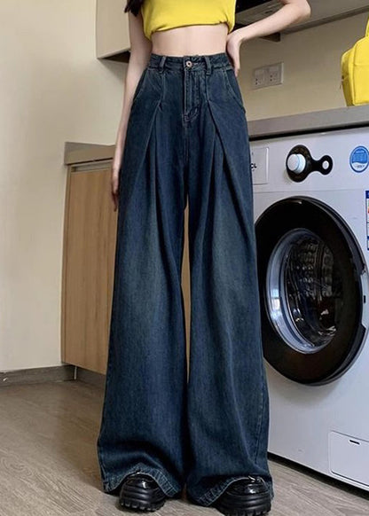 Denim Blue Button Pockets Denim Wide Leg Pants Summer Pp036