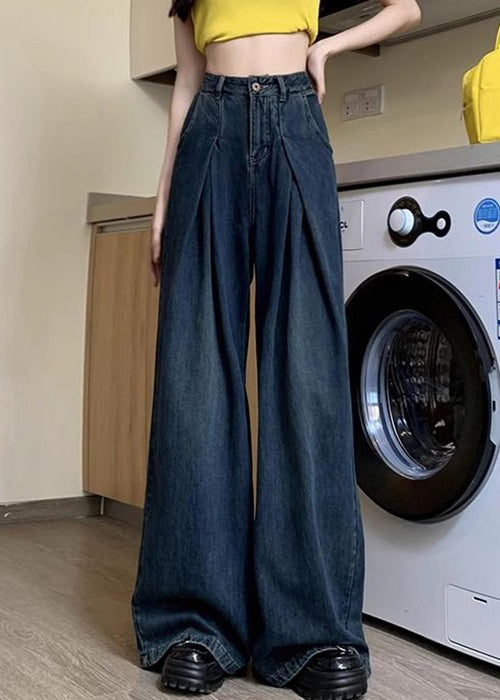 Denim Blue Button Pockets Denim Wide Leg Pants Summer Pp036