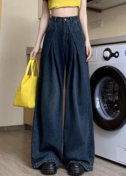 Denim Blue Button Pockets Denim Wide Leg Pants Summer Pp036