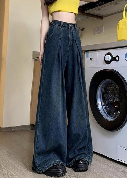 Denim Blue Button Pockets Denim Wide Leg Pants Summer Pp036