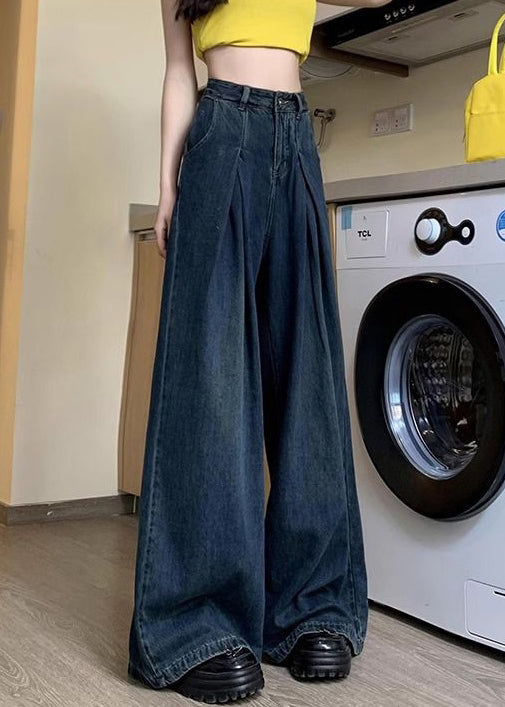 Denim Blue Button Pockets Denim Wide Leg Pants Summer Pp036