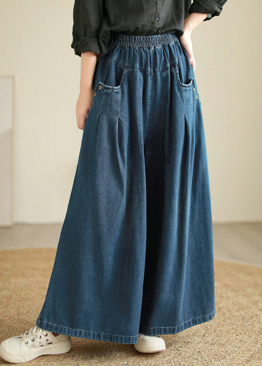 Denim Blue Pockets Elastic Waist Flare Pants Fall Qe078