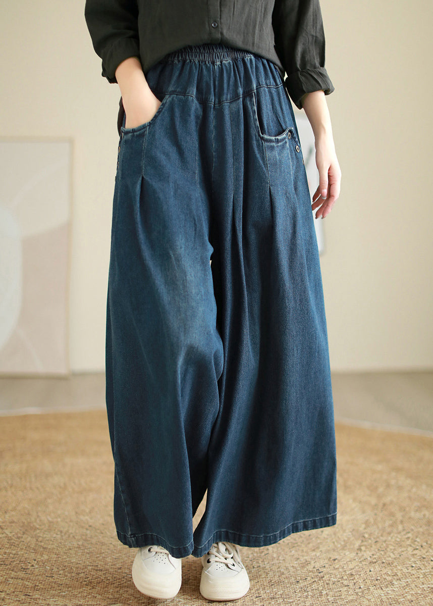 Denim Blue Pockets Elastic Waist Flare Pants Fall Qe078