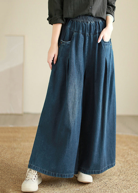 Denim Blue Pockets Elastic Waist Flare Pants Fall Qe078