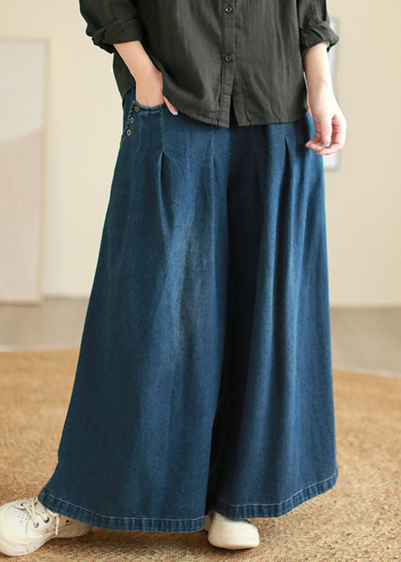 Denim Blue Pockets Elastic Waist Flare Pants Fall Qe078