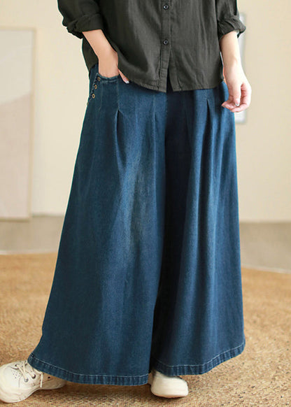 Denim Blue Pockets Elastic Waist Flare Pants Fall Qe078