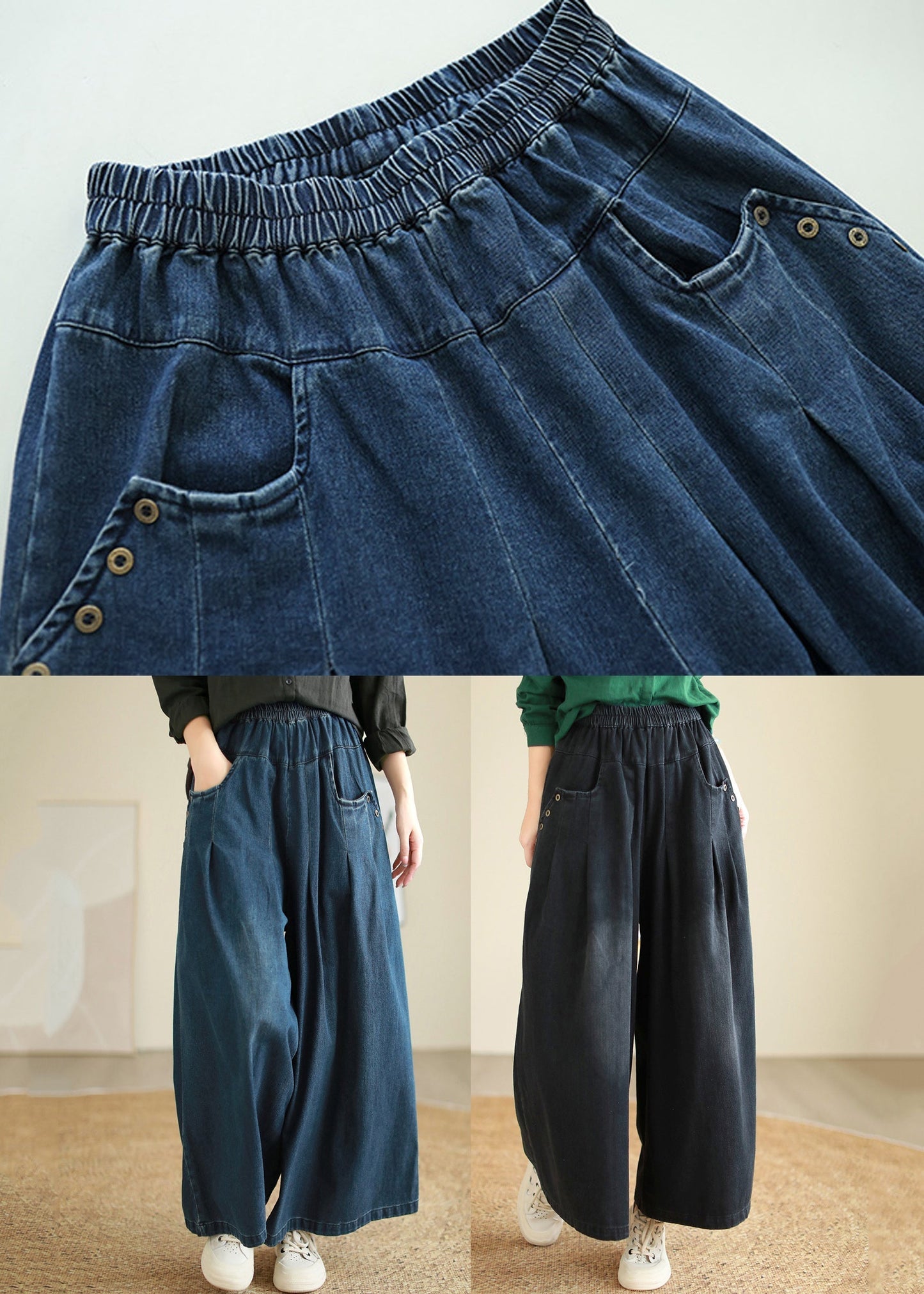 Denim Blue Pockets Elastic Waist Flare Pants Fall Qe078