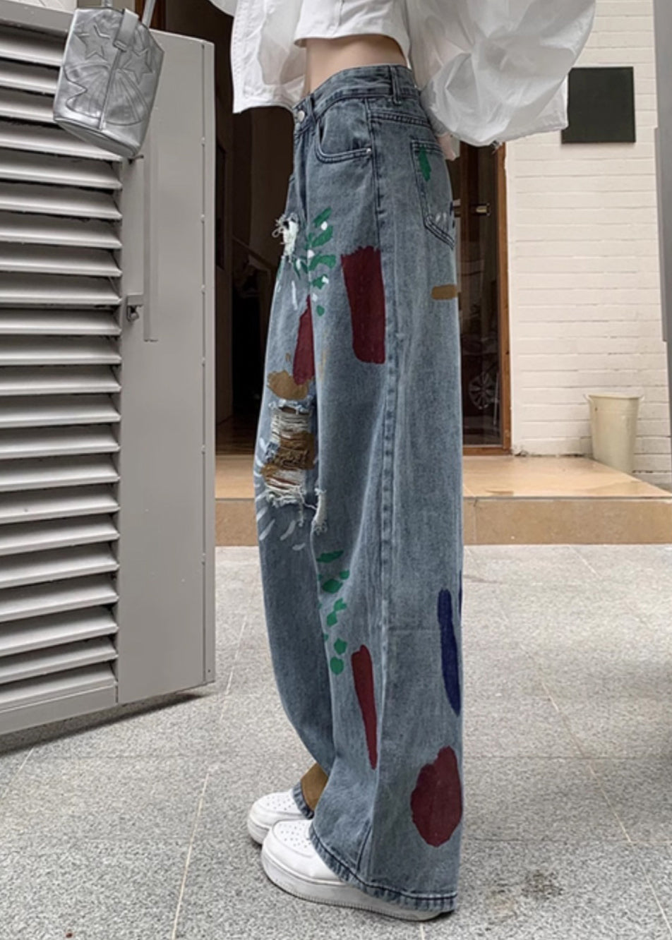 Denim Blue Tie Dye High Wais Pants Sa021