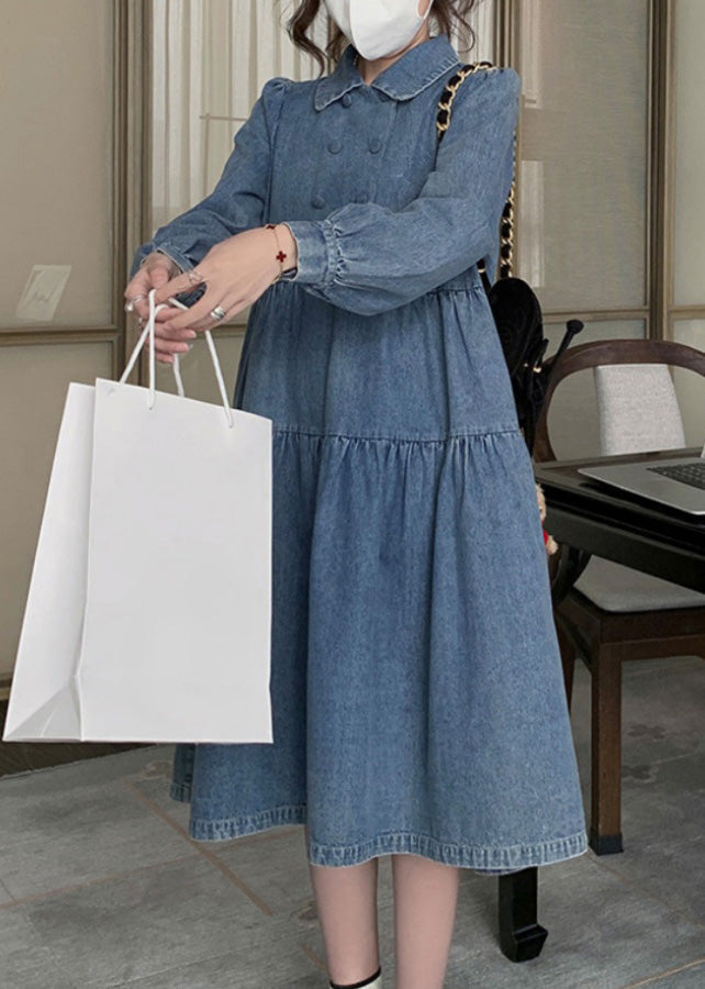 Denim Blue Wrinkled Patchwork Long Dress Spring Rp009