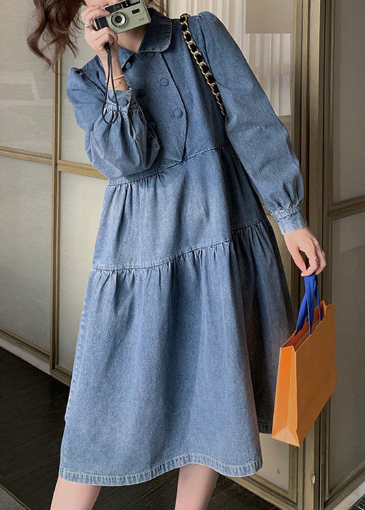 Denim Blue Wrinkled Patchwork Long Dress Spring Rp009