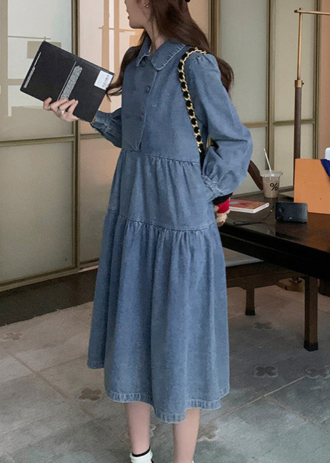 Denim Blue Wrinkled Patchwork Long Dress Spring Rp009