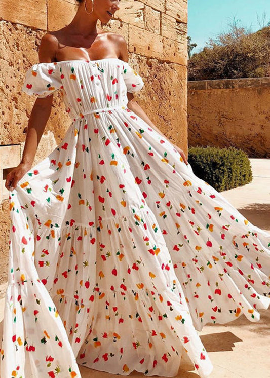 Elastic Square Collar Print Holiday Floor Maxi Dress With Belt White Lc0027