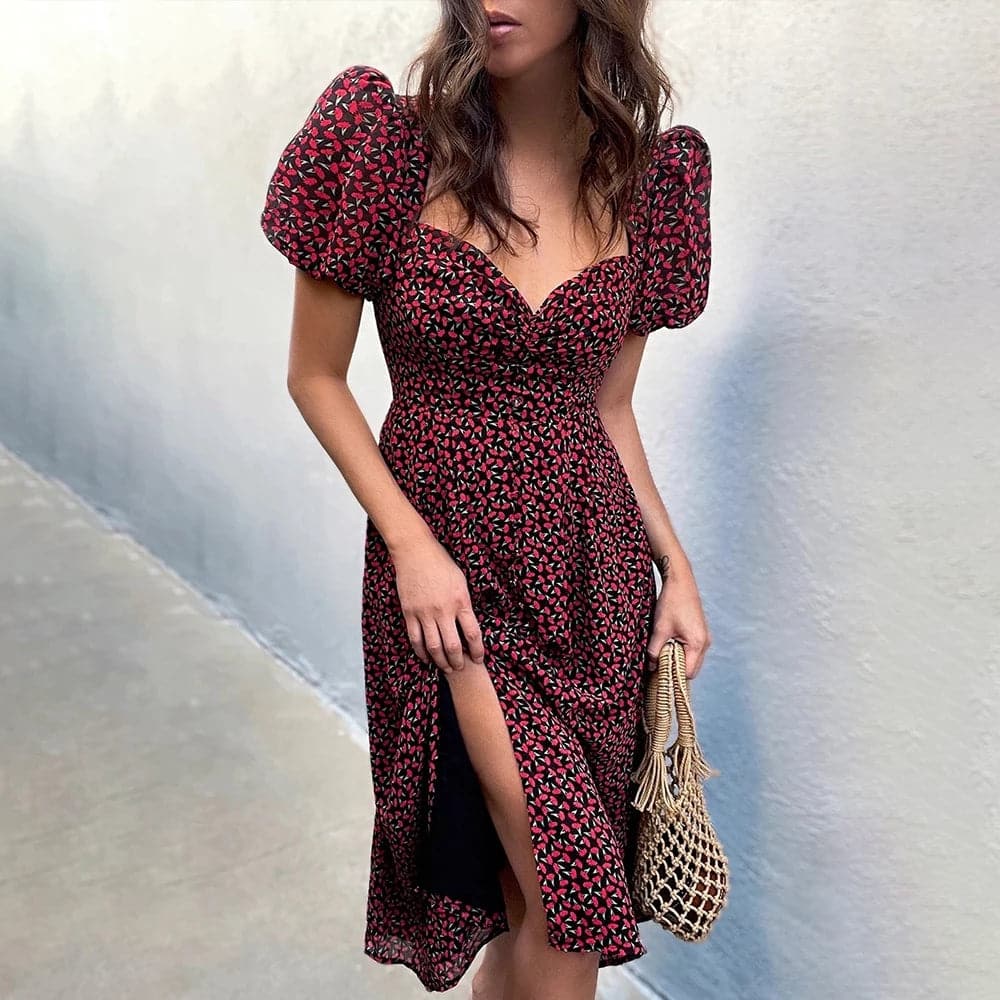 Print Summer Dress V-neck Puff Sleeve Split Midi Dress