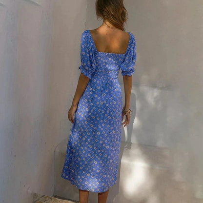 Print Summer Dress V-neck Puff Sleeve Split Midi Dress