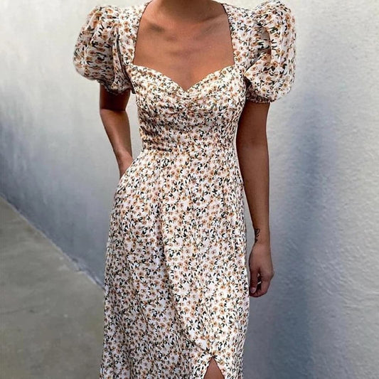 Print Summer Dress V-neck Puff Sleeve Split Midi Dress