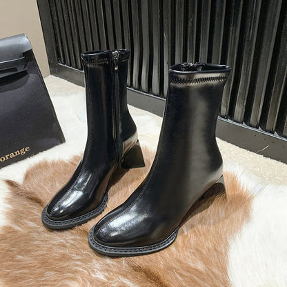 High Heels Shoes Chelsea Ankle Boots New Chunky Square Toe Shoes Motorcycle Pumps Botas