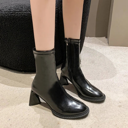 High Heels Shoes Chelsea Ankle Boots New Chunky Square Toe Shoes Motorcycle Pumps Botas