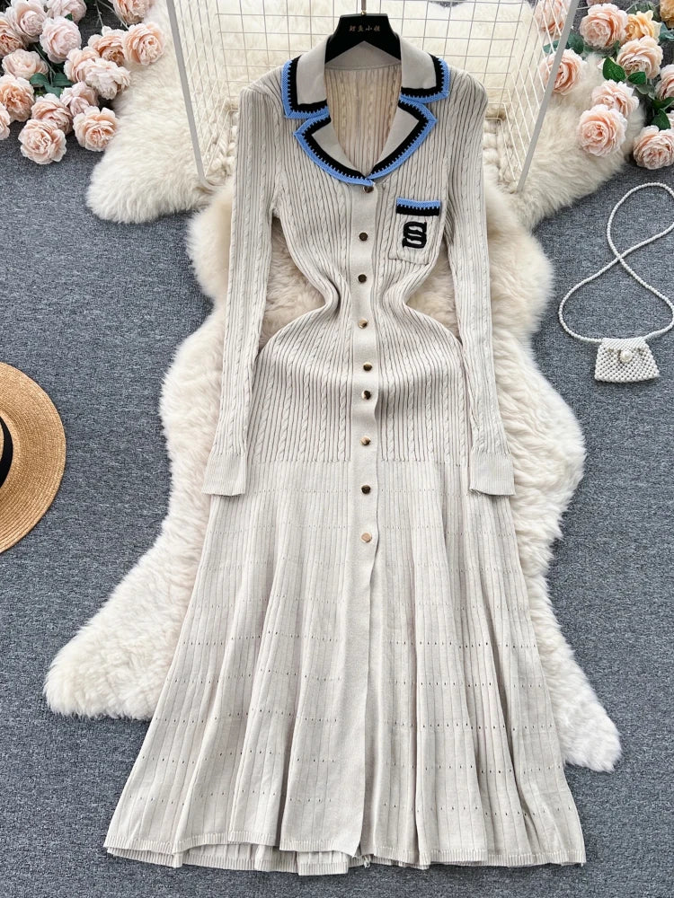 Knitted Dress Spring Autumn Long Sleeve V-neck Bodyon Dresses Slim A-line Single Breasted Sweater Robe