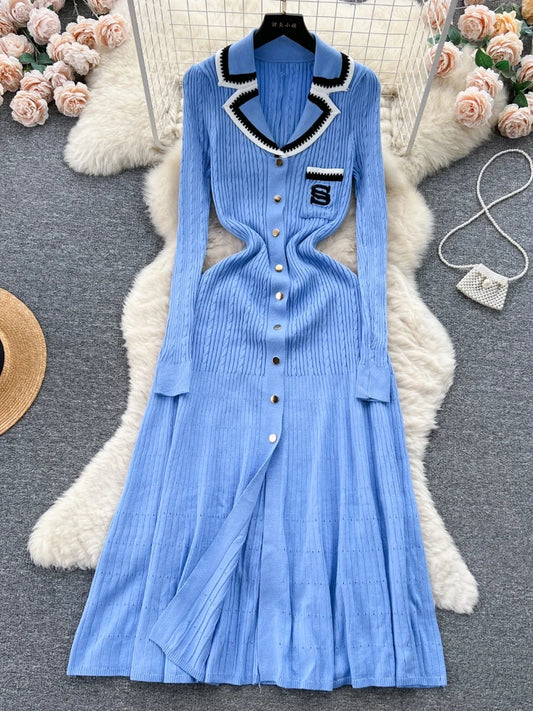 Knitted Dress Spring Autumn Long Sleeve V-neck Bodyon Dresses Slim A-line Single Breasted Sweater Robe