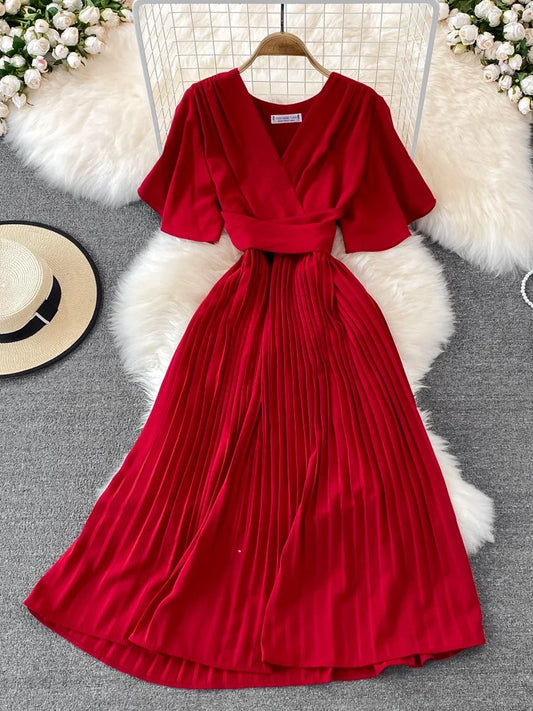 Pleated Dress Summer Short Sleeve V-neck Dresses a Line High Waisted Midi Dress