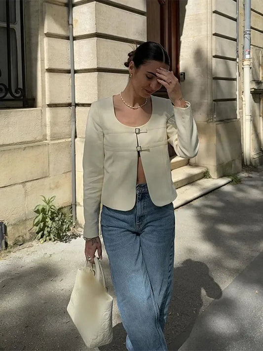 Single-breasted Short U-neck Long Sleeve Slim Coat