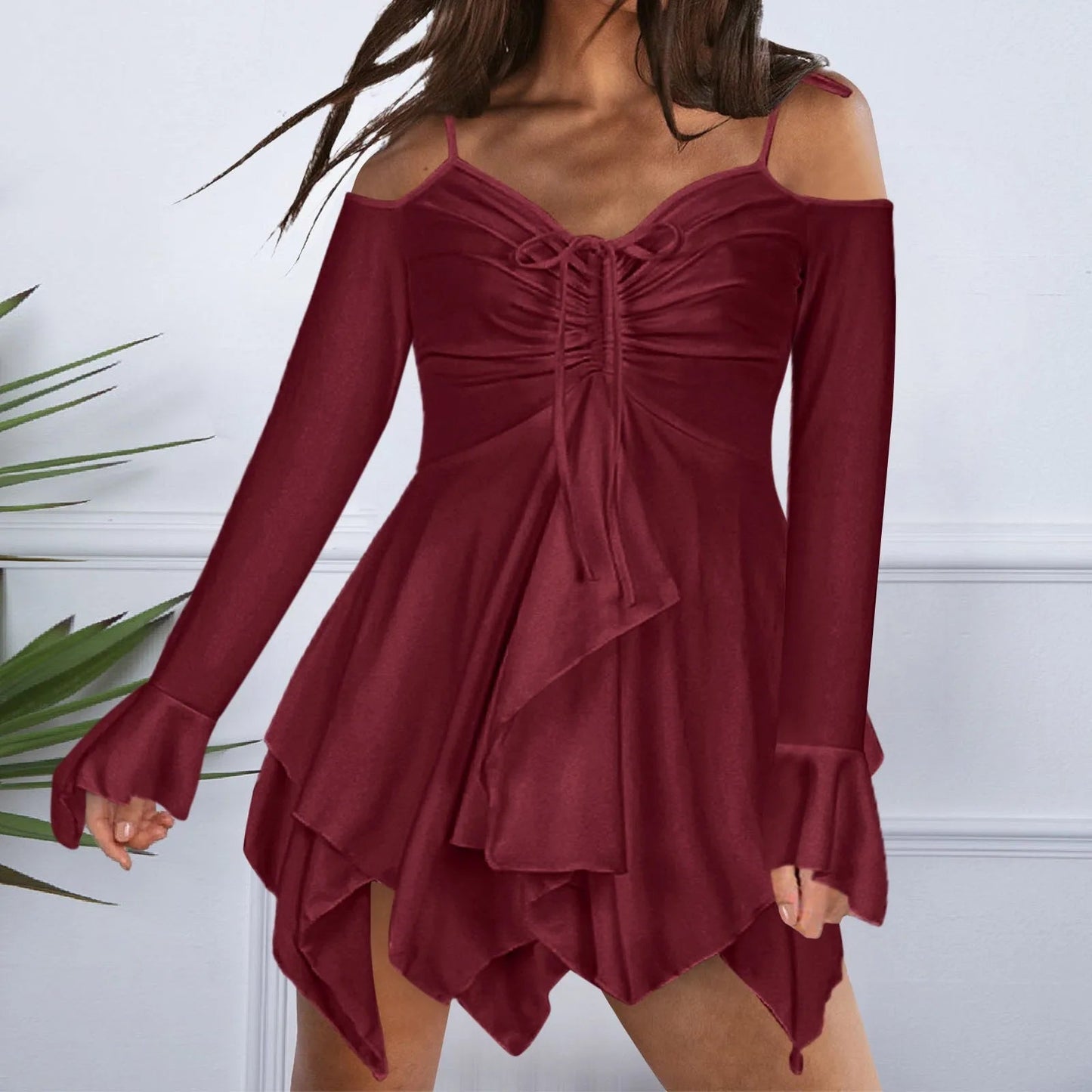 V Tie-up Summer Short Sleeve Sling Party Off the Shoulder Mini Dress